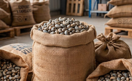 Bulk raw unprocessed cashew nuts in shell stored inside export-standard jute bags on wooden pallets in a clean warehouse.
