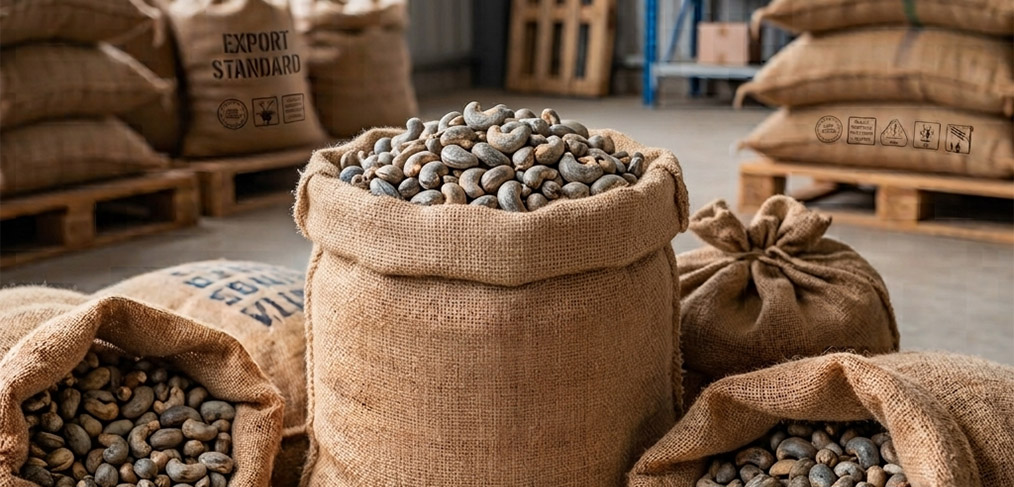 Bulk raw unprocessed cashew nuts in shell stored inside export-standard jute bags on wooden pallets in a clean warehouse.