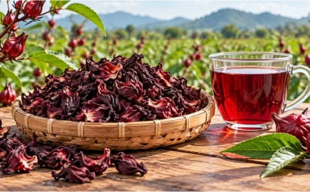Dried Hibiscus flower with a cup of brewed hibiscus tea