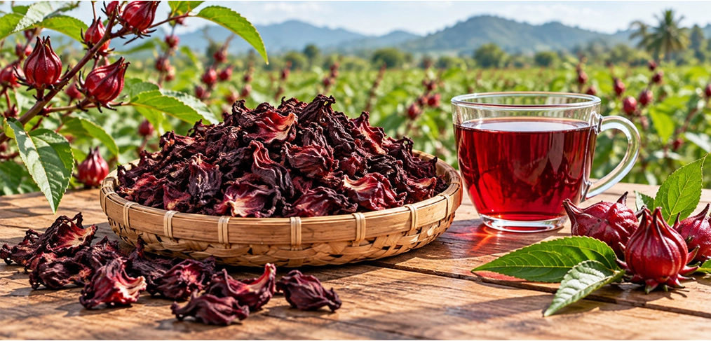 Dried Hibiscus flower with a cup of brewed hibiscus tea