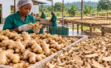 • Workers sorting dried ginger roots at a clean facility