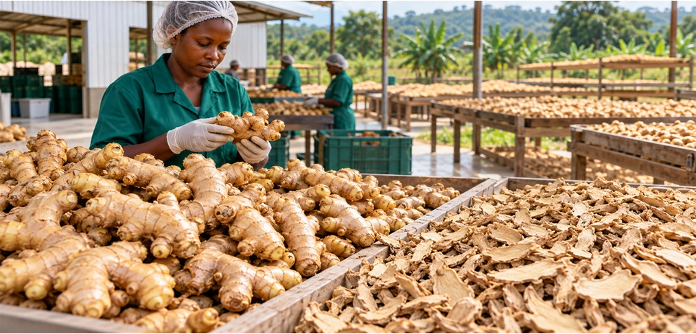 • Workers sorting dried ginger roots at a clean facility
