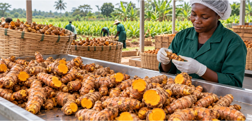 Woman processing Turmeric roots