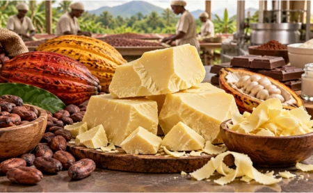 • Cocoa butter blocks with cocoa beans and pods