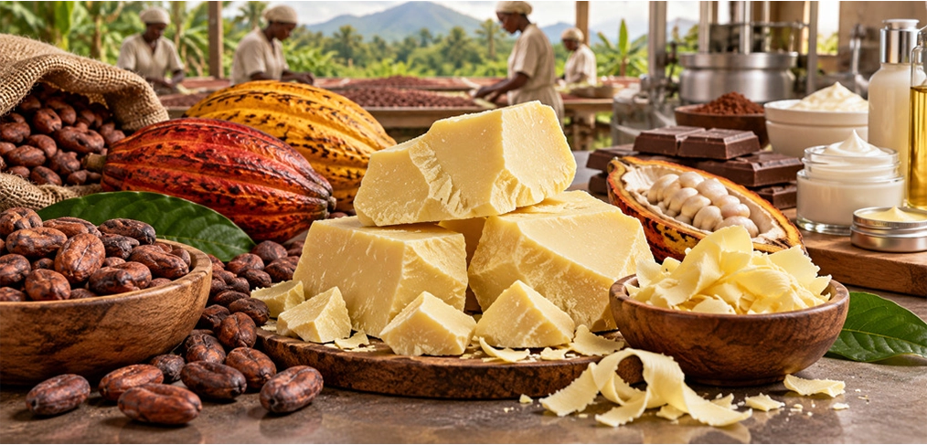 • Cocoa butter blocks with cocoa beans and pods