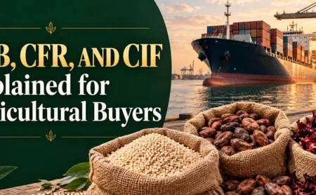 Cargo vessel at a port handling agricultural commodity shipments