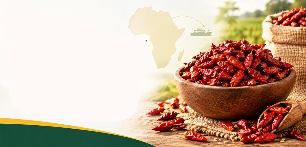 Dried African bird’s eye pepper beside jute bags for bulk supply